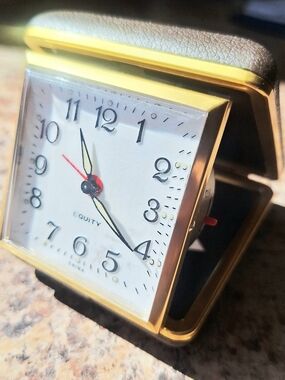 Vintage Equity Folding Travel Alarm Clock - White Face, Gold Trim